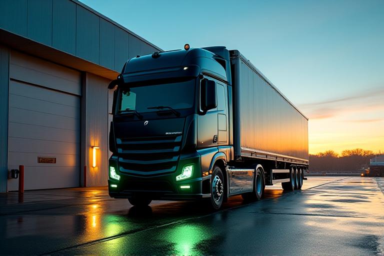 Modern logistics truck at dusk